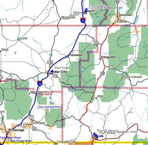 Map of Southwest Utah Historical Markers