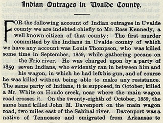 Indian Outrages in Uvalde County story from the book Indian Depredations in Texas by J. W. Wilbarger