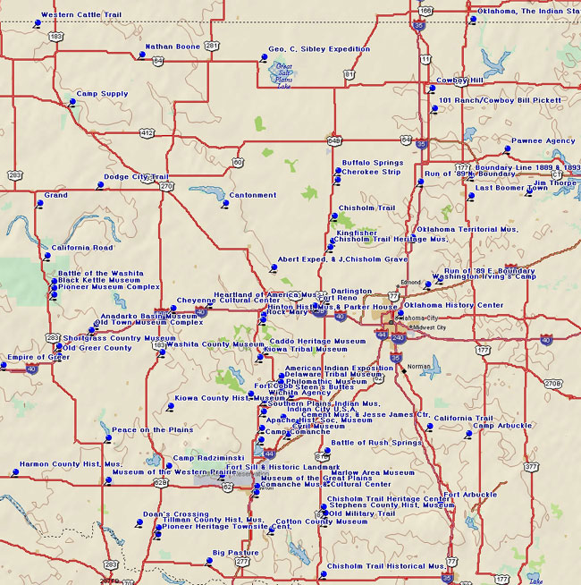 Map of Western Oklahoma Historical Markers and Museums